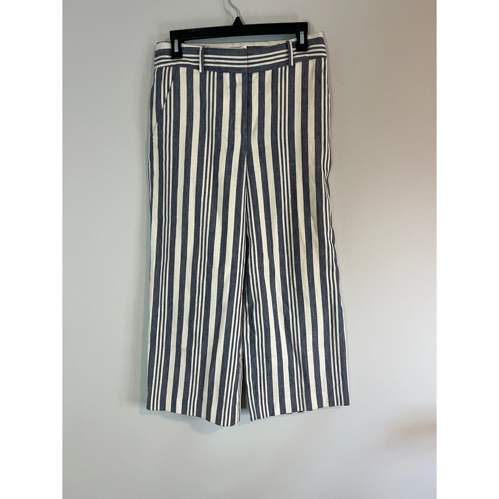 Veronica Beard Striped Wide Leg Crop‎ Pants Navy Cream Linen Cotton Blend Size 4